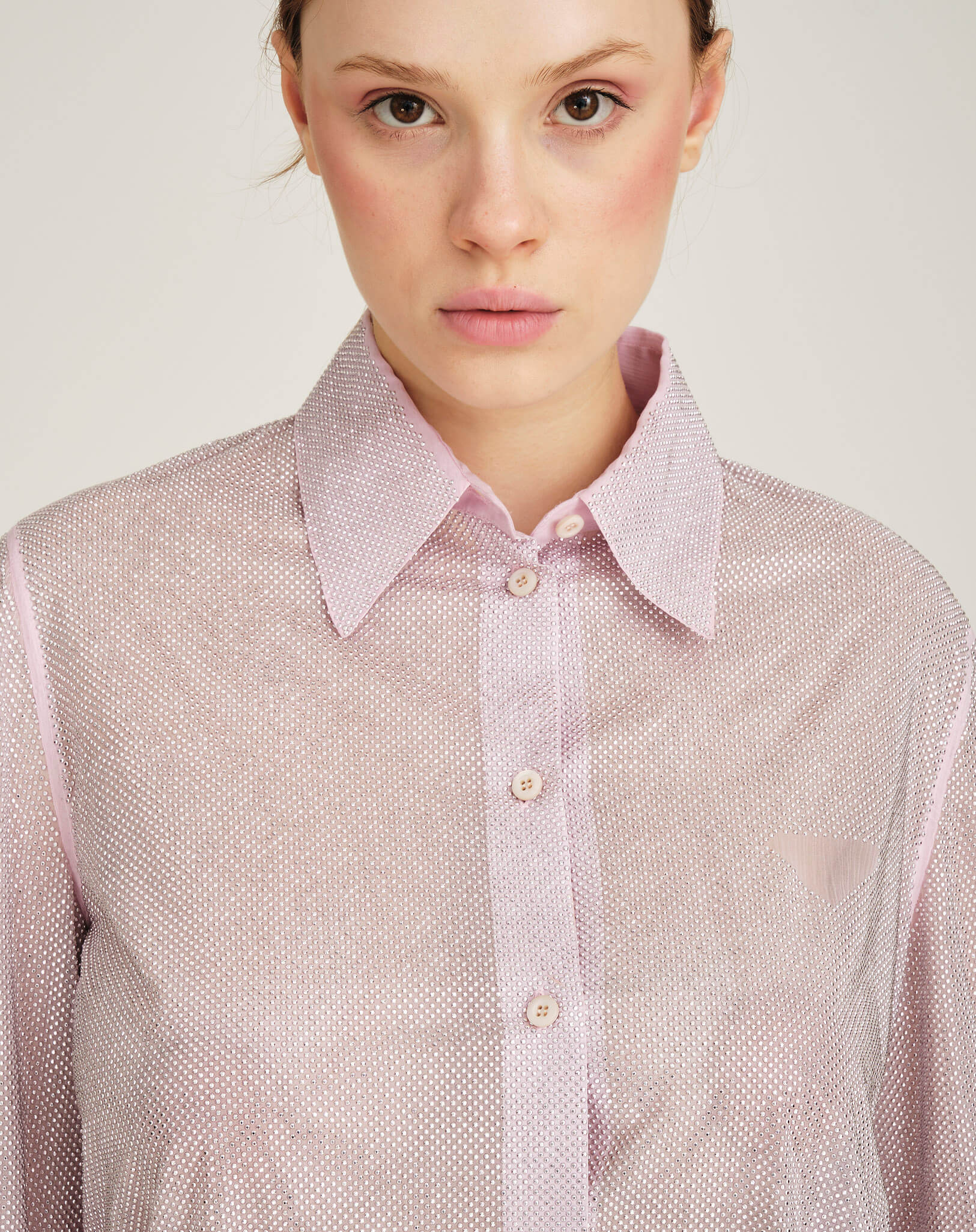 Prada - Pink Rhinestone Studded Silk Shirt 40